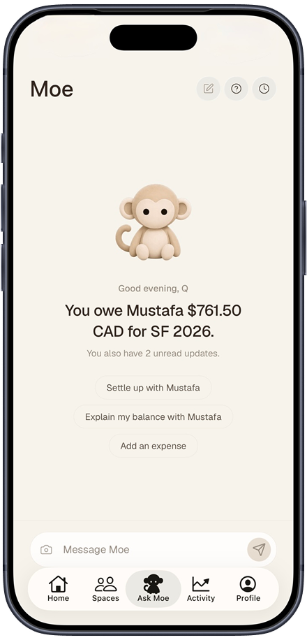 The Ask Moe screen with the mascot, a balance summary, and suggested questions