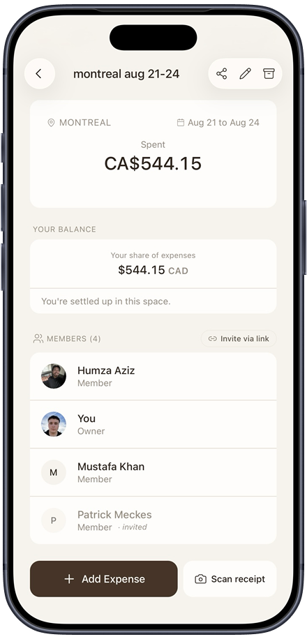 The Montréal space in the Moe app with total spent, your balance and all four members
