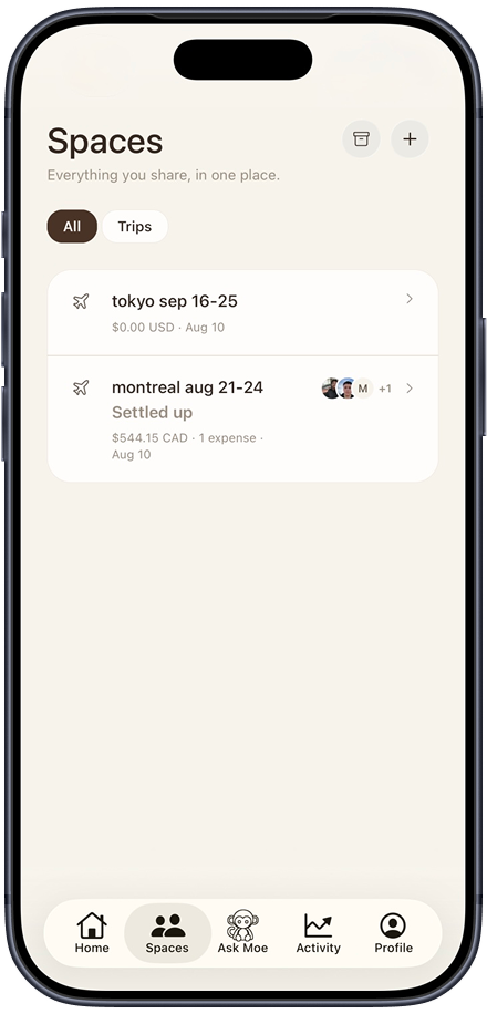 The Spaces tab in the Moe app listing a Tokyo trip and the Montréal trip